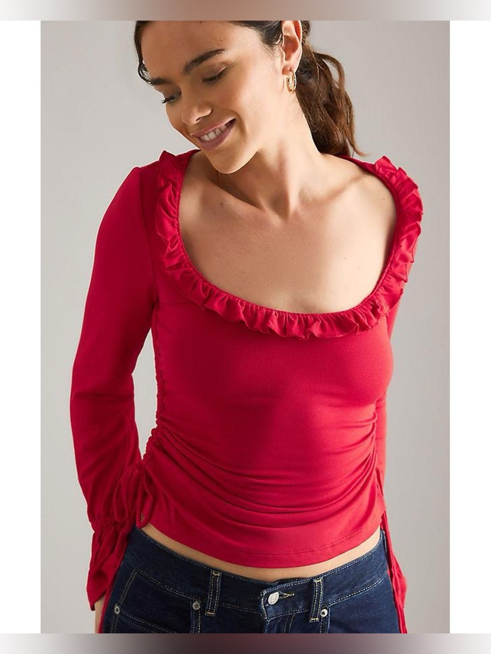 Maeve Long-Sleeve Scoop-Neck Ruched Top